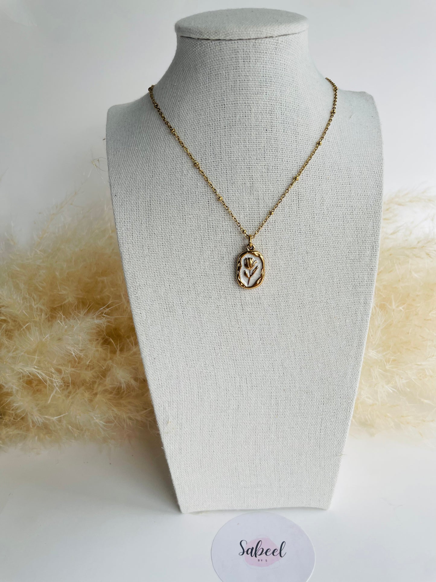 Collier Tulipe médaillon doré et blanc