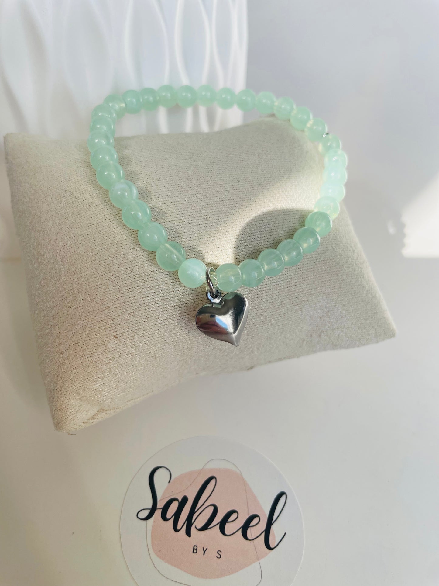 Bracelet Tasbih vert d’eau avec breloque cœur