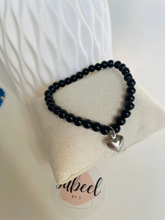Bracelet Tasbih noir avec breloque cœur argenté