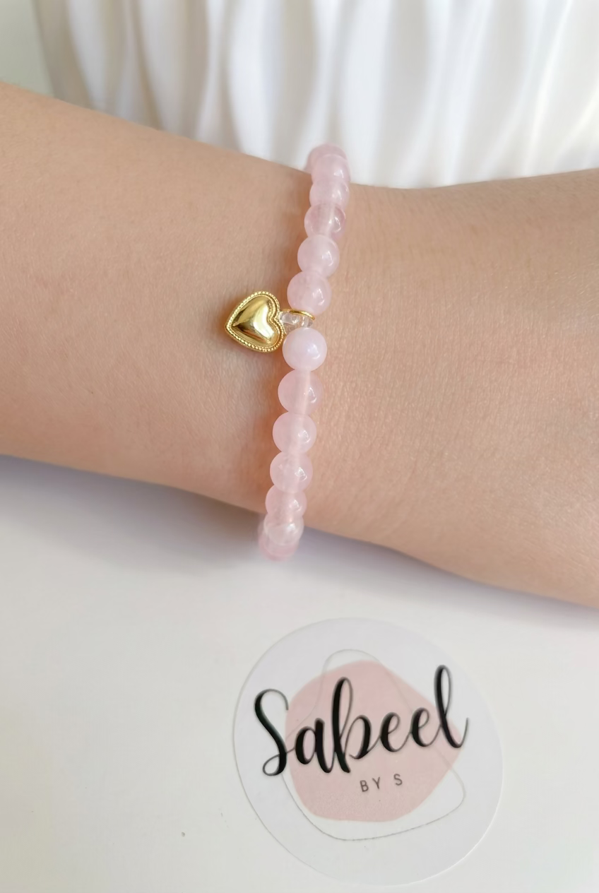 Bracelet Tasbih rose pâle avec breloque cœur doré